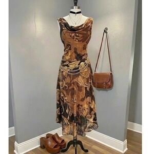 Whimsigoth Brown Floral Cowl Neck Midi Dress 10 Fall Fairycore Loose Flowy